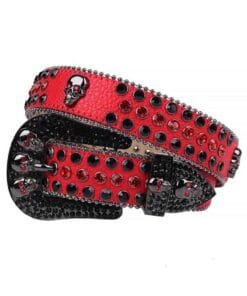 Red Strap With 7 Skulls Red & Black Studded Rhinestone Belt