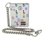 BB Simon Belt Providing you a purse embed a logo of BB Simon on a white color Wallet with a silver color of chain