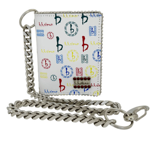 BB Simon Belt Providing you a purse embed a logo of BB Simon on a white color Wallet with a silver color of chain