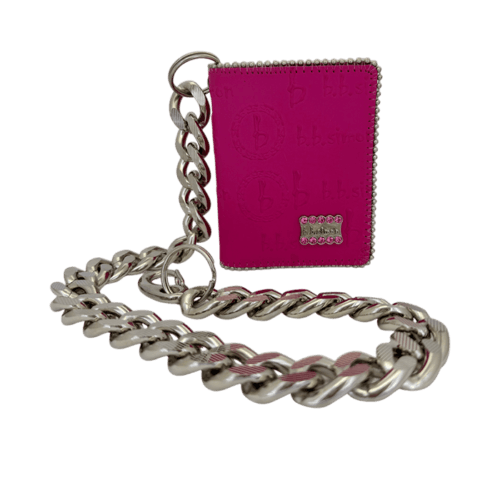 BB Simon Belt Providing you a purse embed a logo stamp of BB Simon on a Pink color Wallet with a silver color of chain