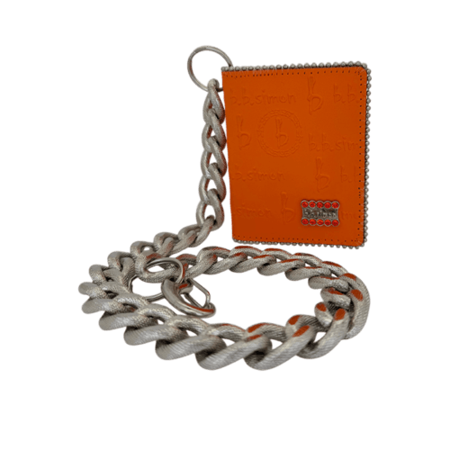 BB Simon Belt Providing you a purse embed a logo stamp of BB Simon on a Orange color Wallet with a silver color of chain