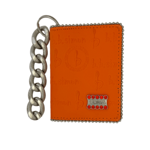 BB Simon Belt Providing you a purse embed a logo stamp of BB Simon on a Orange color Wallet with a silver color of chain