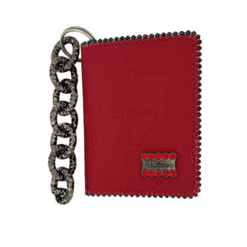 BB Simon Belt Providing you a purse embed a logo stamp of BB Simon on a Red color Wallet with a black color of chain