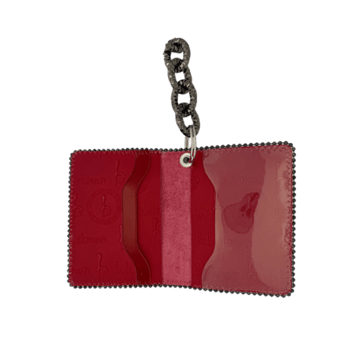 BB Simon Belt Providing you a purse embed a logo stamp of BB Simon on a Red color Wallet with a black color of chain