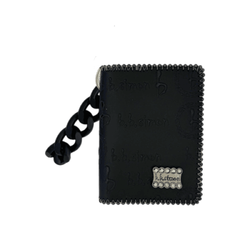 BB Simon Belt Providing you a purse embed a logo stamp of BB Simon on a Black color Wallet with a Black color of chain