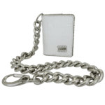 BB Simon Belt Providing you a purse embed a logo stamp of BB Simon on a white color Wallet with a silver color of chain