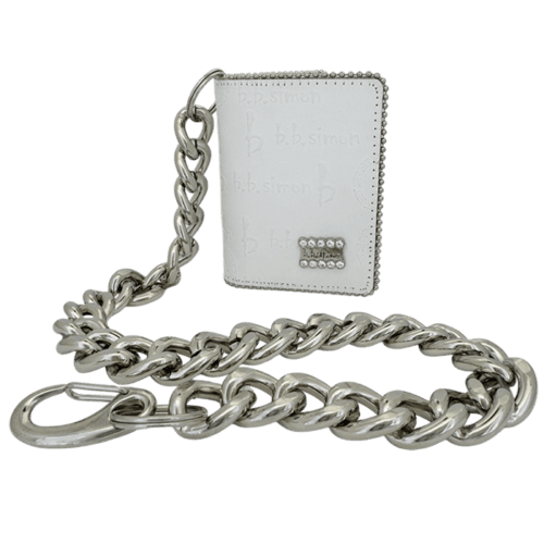 BB Simon Belt Providing you a purse embed a logo stamp of BB Simon on a white color Wallet with a silver color of chain