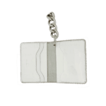 BB Simon Belt Providing you a purse embed a logo stamp of BB Simon on a white color Wallet with a silver color of chain