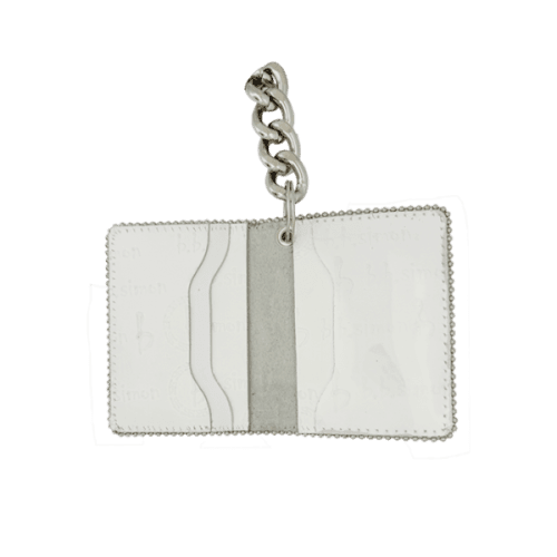 BB Simon Belt Providing you a purse embed a logo stamp of BB Simon on a white color Wallet with a silver color of chain