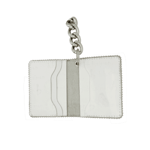 BB Simon Belt Providing you a purse embed a logo stamp of BB Simon on a white color Wallet with a silver color of chain