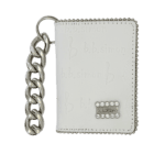 BB Simon Belt Providing you a purse embed a logo stamp of BB Simon on a white color Wallet with a silver color of chain