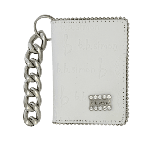 BB Simon Belt Providing you a purse embed a logo stamp of BB Simon on a white color Wallet with a silver color of chain