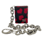 BB Simon Belt Providing you a purse embed a logo stamp of BB Simon pony hair red pattern on a black color Wallet with a silver color of chain