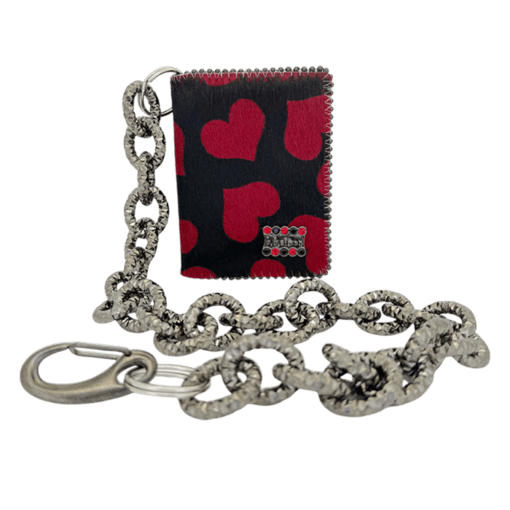 BB Simon Belt Providing you a purse embed a logo stamp of BB Simon pony hair red pattern on a black color Wallet with a silver color of chain